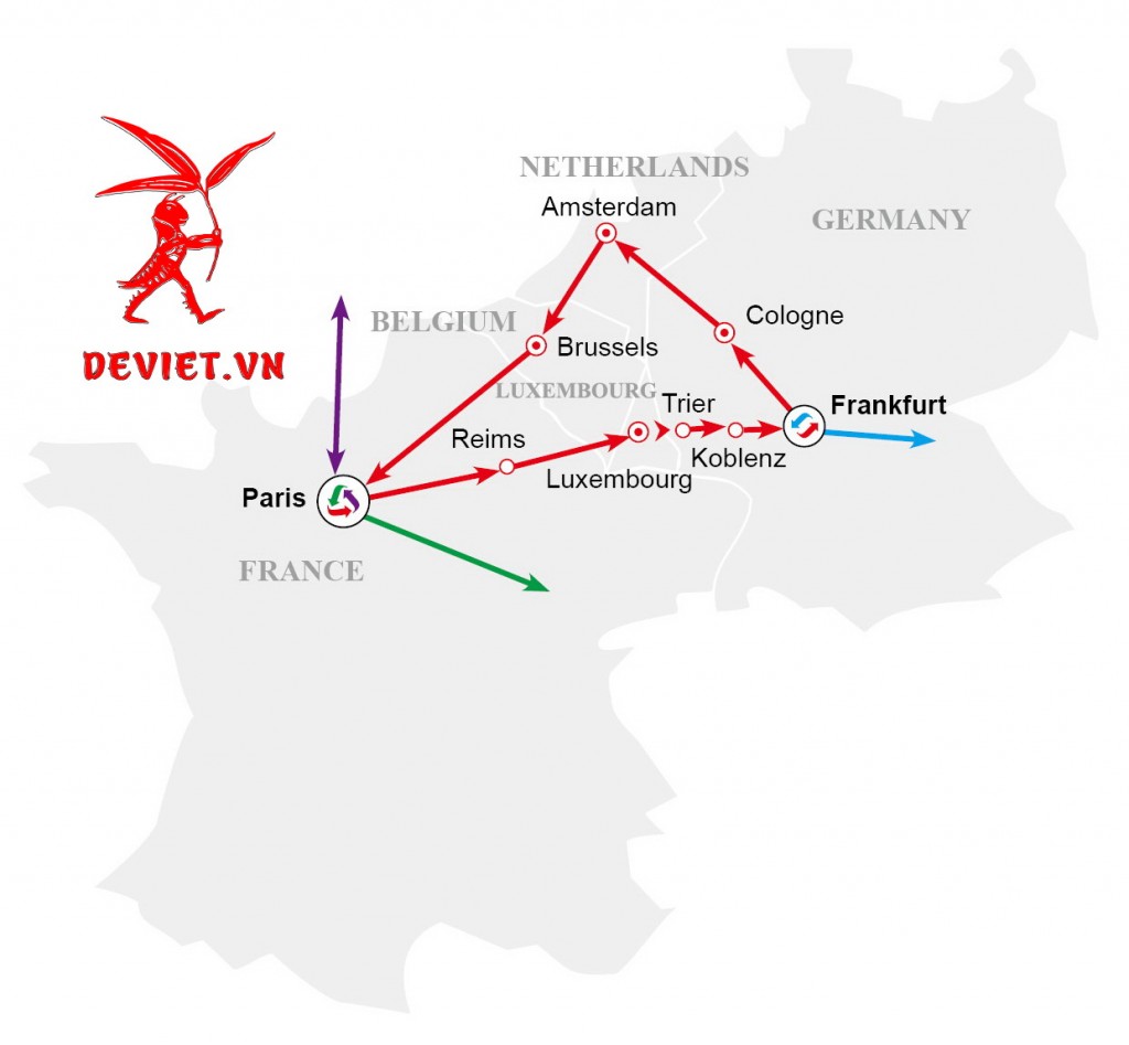 Bản đồ tour du lịch Châu Âu 7 ngày, khởi hành tại Pháp (Pháp - Luxembourg - Đức - Hà Lan - Bỉ - Pháp)